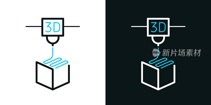 3 d打印机。黑色或白色背景上的双色线图标-可编辑的笔画